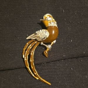 Elegant Gold and Brown Bird Brooch